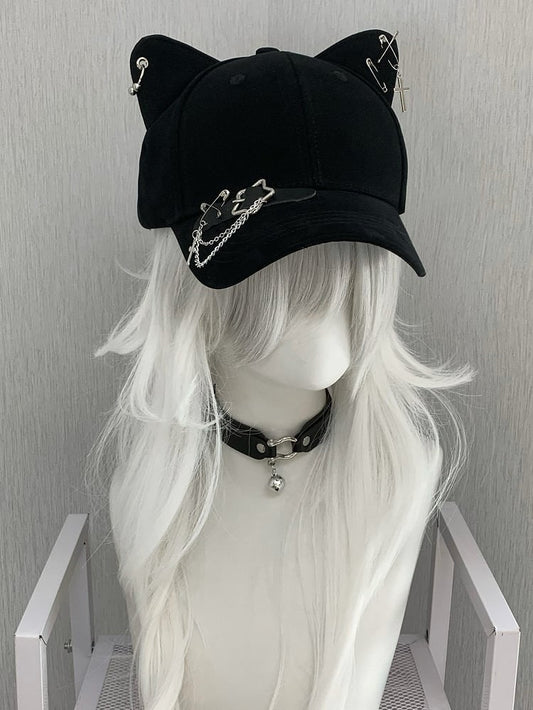 Blue/Black/Yellow Cross Charm Pin Decorated Star Buckle Kitty Ear Cap