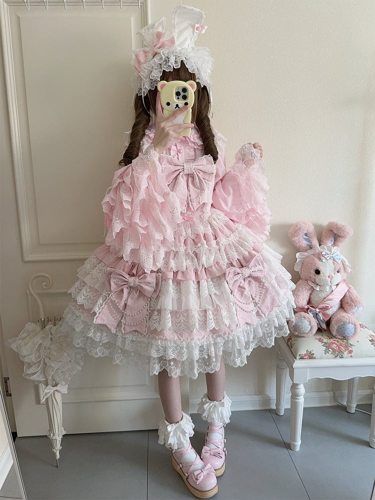 Pink Bead Chain Big Bows Decoration Tiered Skirt Hanayome Lolita Dress