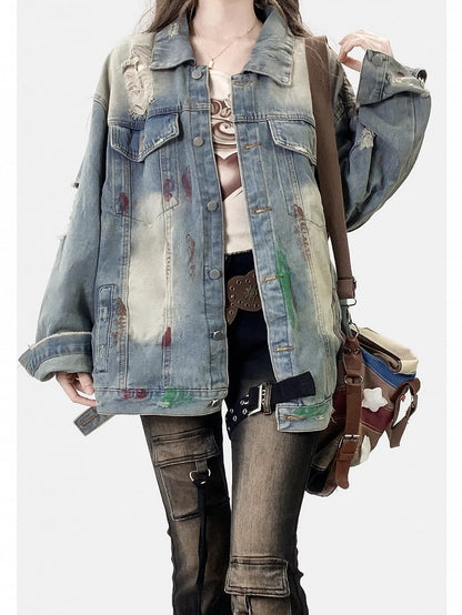 Light Blue Print Design Distressed Holes Details Denim Jacket