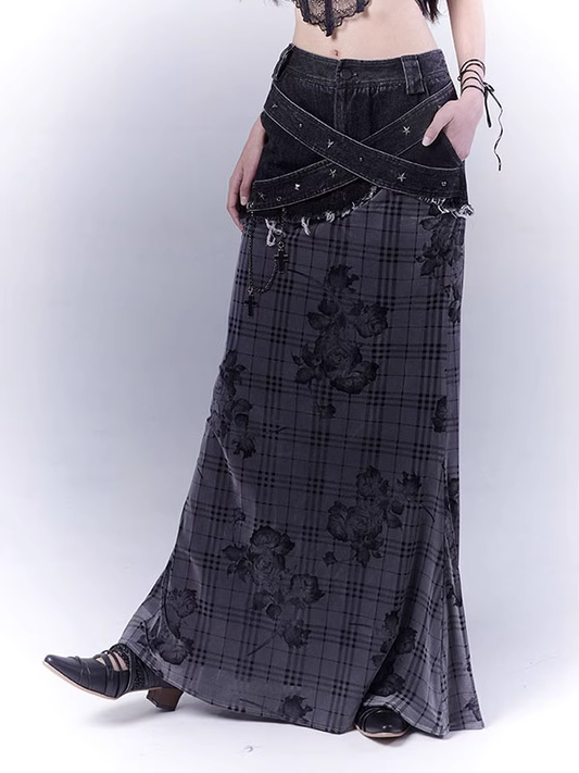 Black Low Waist Criss-cross Studded Strap Plaid Rose Mermaid Skirt