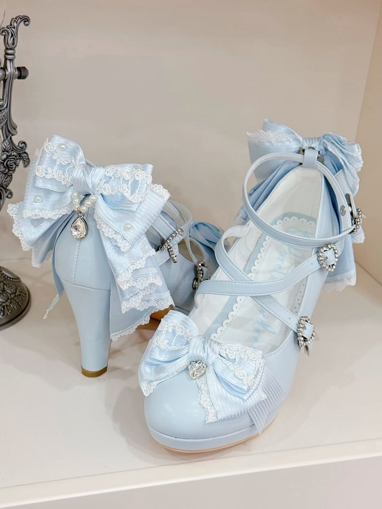Light Blue Crisscross Design Heart Buckle Bow at Top High Heels