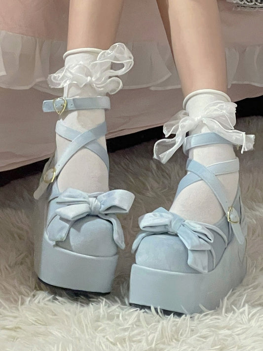 Platform Blue Sweet Mary Janes for Lolita with Bow Decor, Crossed Straps & Romantic Clasp