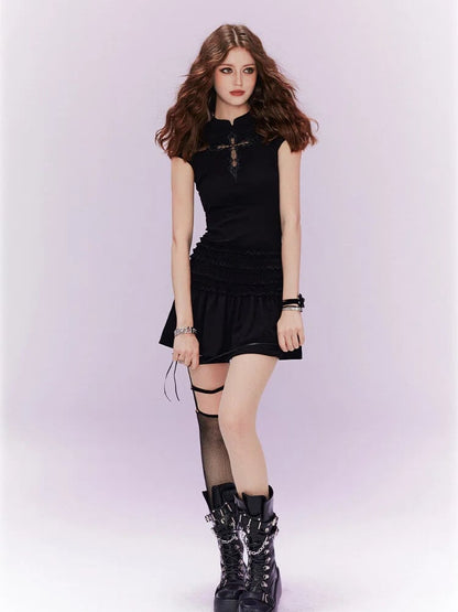 Black / White Cheongsam Dress with Organza Applique Cross Embroidery