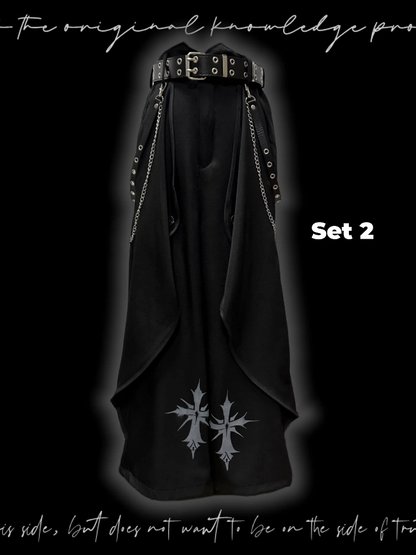 Black Cross Print Asymmetrical Hem Wide-Leg Pants
