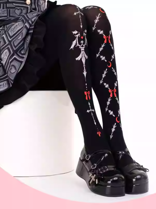 Black Gothic Lolita Red Bows Print Tights