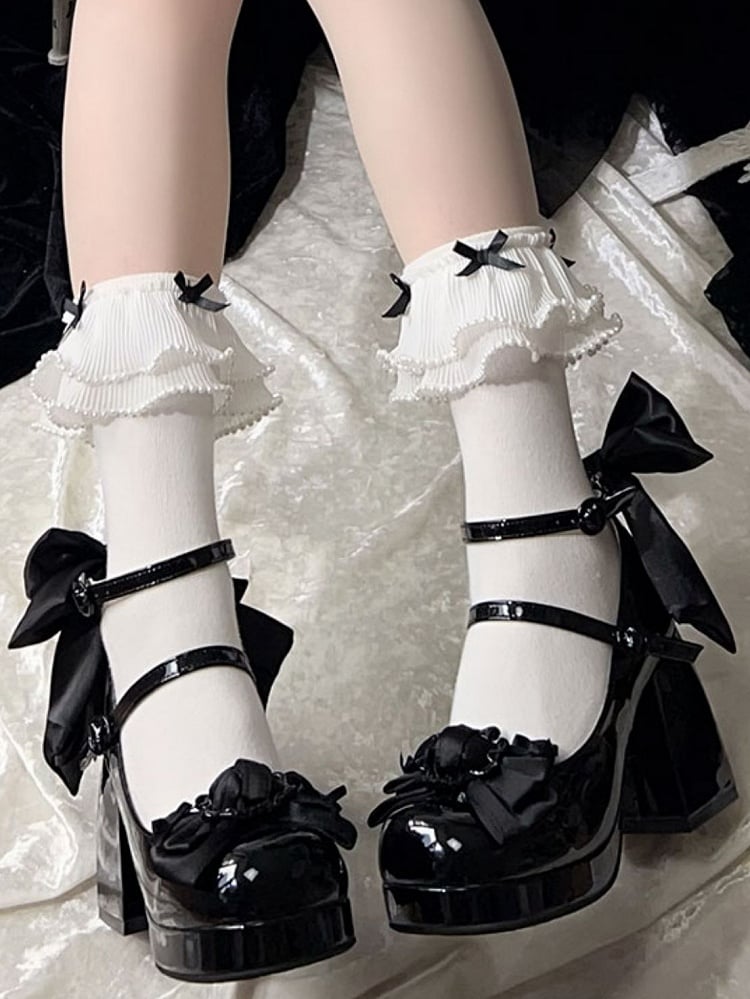 Polished Black Bow at Top Platform High Block Heels