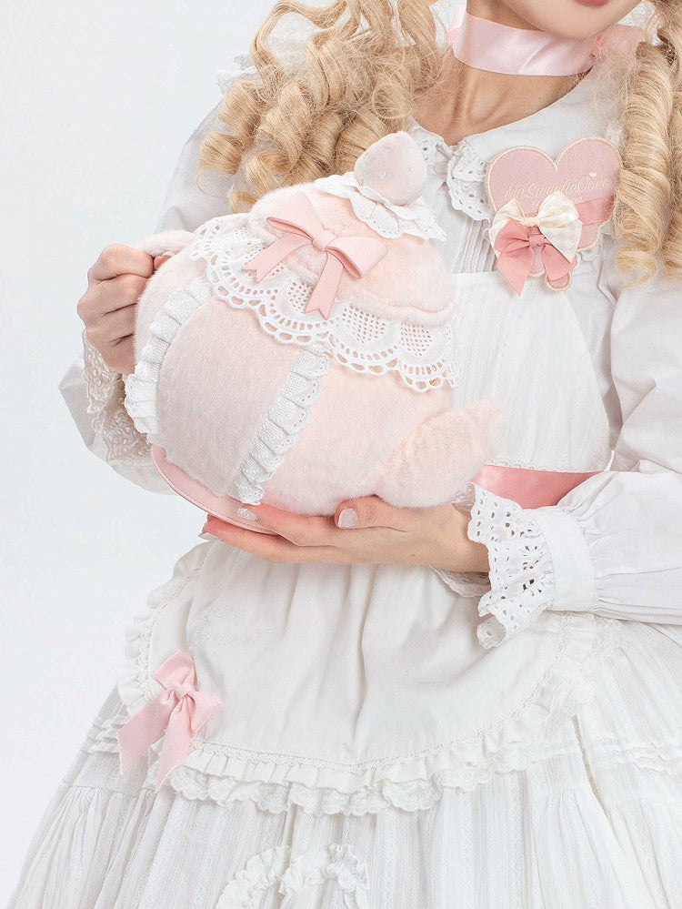 Pink Sweet Lolita Bowknot And Strawberry Decorated Lace Trim Plush Teapot Hand/Crossbody Bag