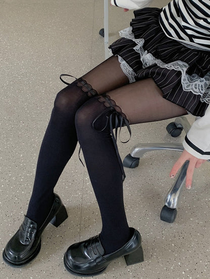 Milk White/Black Sweet Bow Ribbon Lace Trim Overknee Stockings