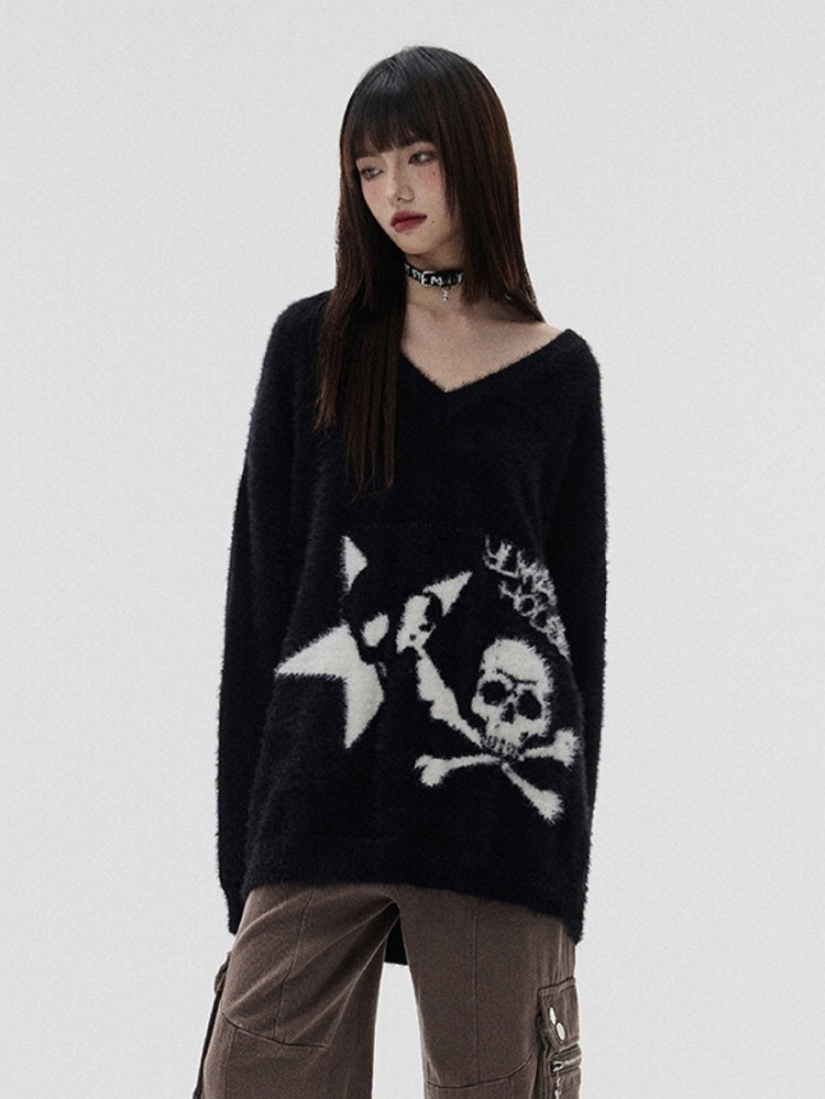 Black Punk Skeleton V-neck Oversized Sweater / Black and White Striped Scarf