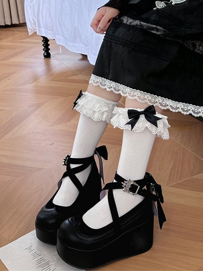Crisscross Straps Bow Accents Black Gothic Punk Platforms