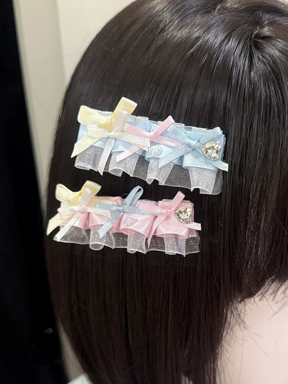 4 Options Beaded Heart Decorated Ruffled Bowknot Hairclip