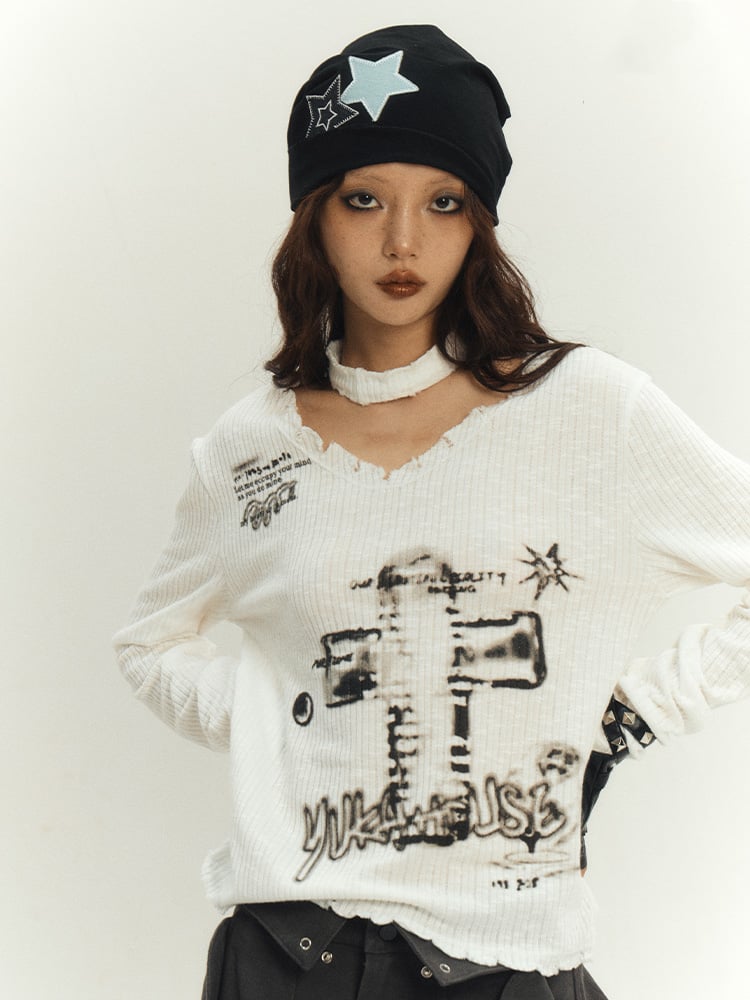 White Punk Cross V-neck Sweater with Choker