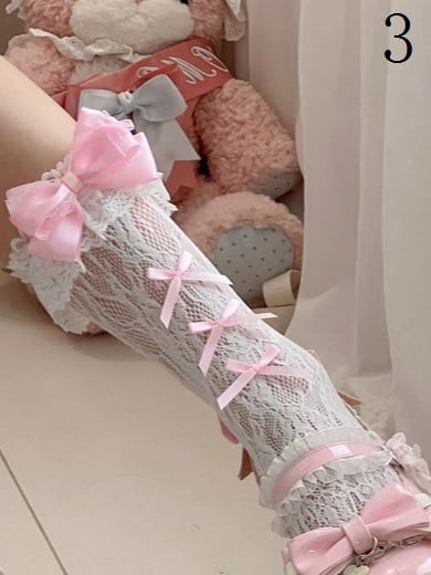 White/Black Lolita Y2K Under-knee Stockings With Pink Rabbit Ears And Bowknot Details