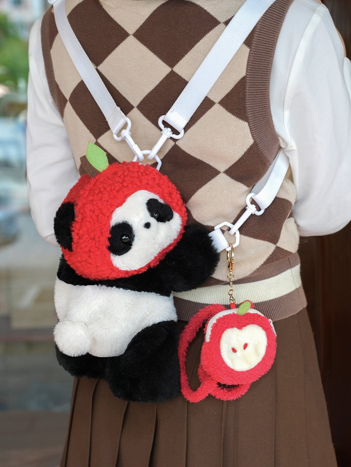 Cute Panda Plush Backpack/Crossbody Bag + Apple Hat + Apple Backpack Keychain
