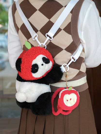 Cute Panda Plush Backpack/Crossbody Bag + Apple Hat + Apple Backpack Keychain