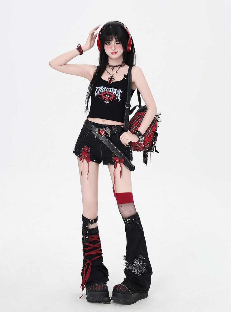 Black and Red Lace-up Details Hem Denim Shorts with Butterfly Applique Leg Warmers