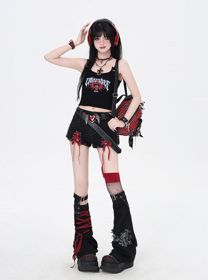 Black and Red Lace-up Details Hem Denim Shorts with Butterfly Applique Leg Warmers