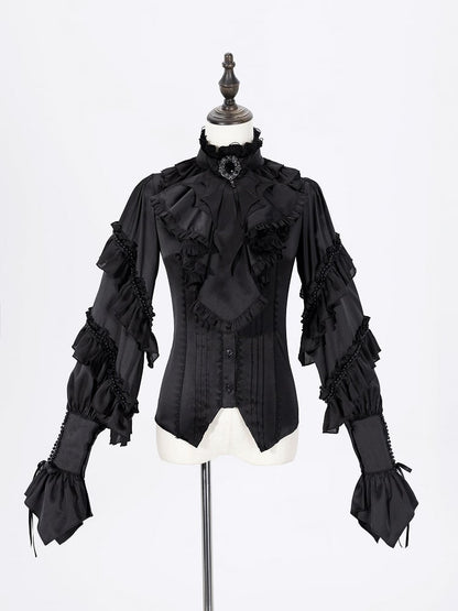 Ruffled High Neck Black Bead Chain and Cascading Ruffles Long Sleeves Siren Shirt