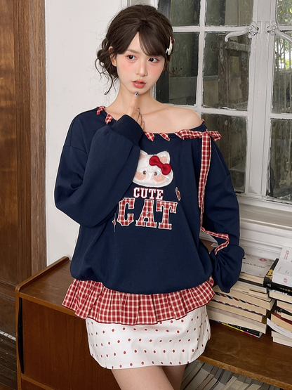 Red Plaid Self-tie Straps at Asymmetrical Neckline Kitty Embroidery Applique Navy Blue Sweatshirt