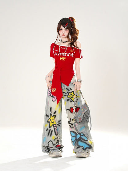 Red/Blue Asymmetrical Neckline Blokette Core T-shirt Self-tie Straps at Waist