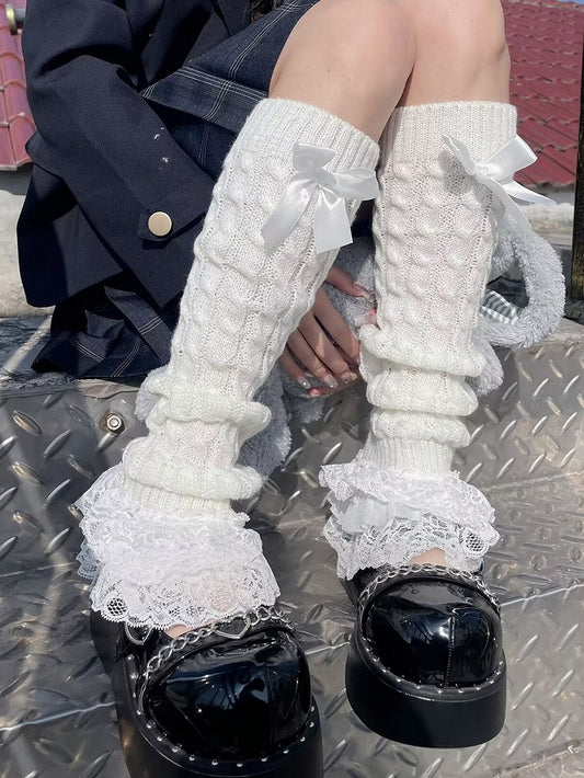 White/Black Ruffled Lace Cuff Bow Lolita Leg Warmers