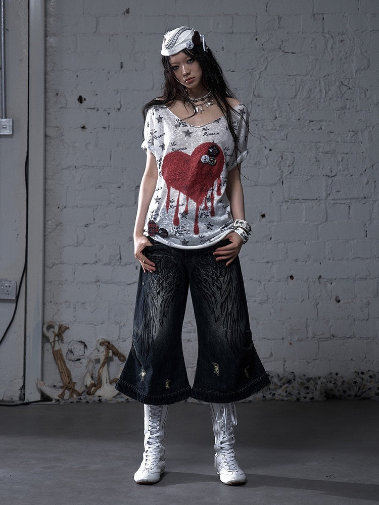 Black/White Distressed Design Navycore Graphic T-shirt