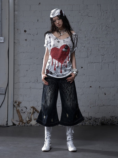 Black/White Distressed Design Navycore Graphic T-shirt