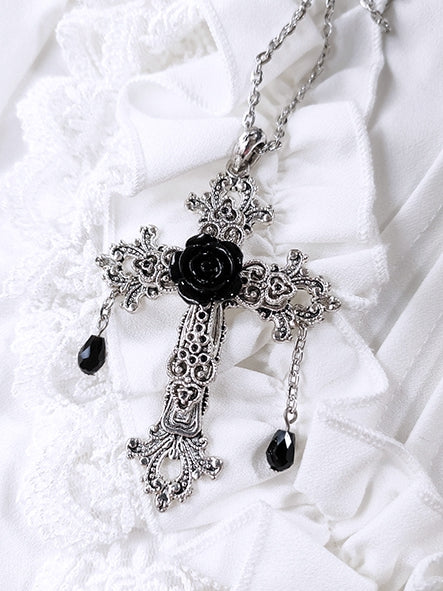 Gothic Rosette Design Silver Cross Necklace