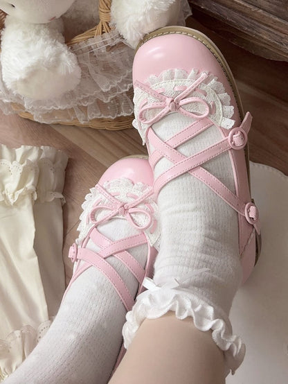 Pink Crisscross Design Lace Trim Bow at Top Lolita Shoes