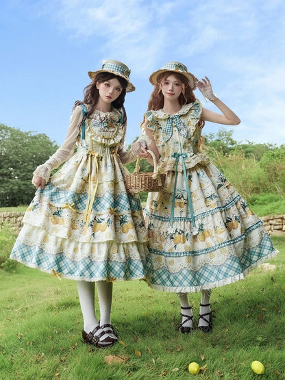 Blue Gingham Lolita Straw Hat with Lace and Lemon Decoration
