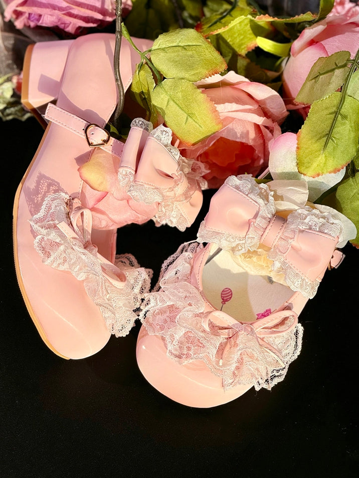 Pink Bowknot Details Lace Trim Round Toe Lolita Shoes