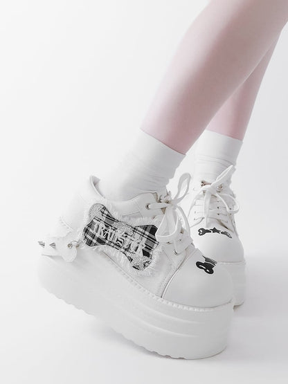 White Punk Bone Applique Silver-tone Studs Platform Shoes