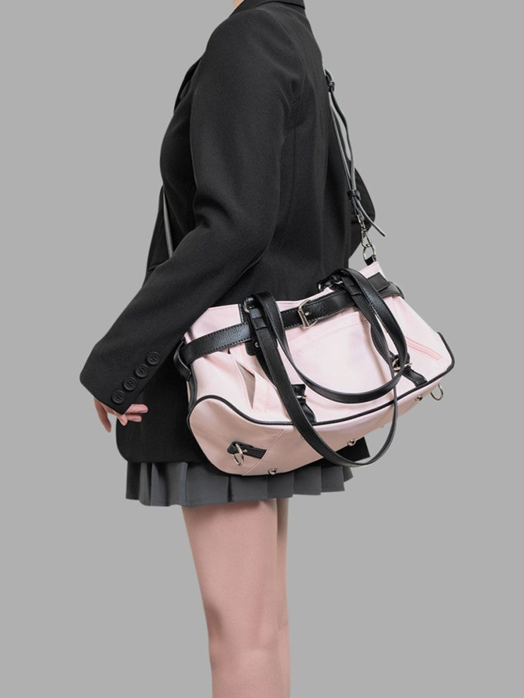 Pink Medium-Sized Nylon Tote Bag With Sweet And Edgy Belt Accents