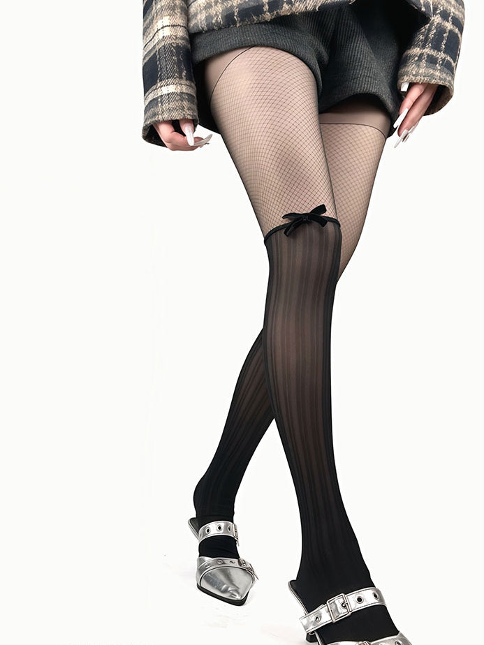 Black/Beige Bowknot Decorated Striped Tights