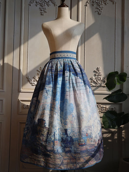 Gare Saint-Lazare Oil Painting Print Blue High Waist Skirt Short Version