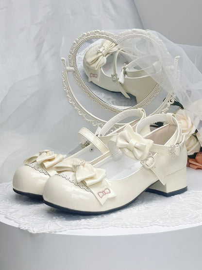 Apricot Bowknot Kitty-shaped Buckle Strap Block Heels Lolita Mary Janes