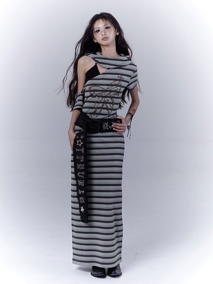 Gray and Green Cutout Shoulder Wasteland Punk Hooded Striped Dress with Buckle Belt