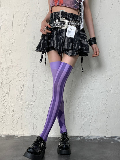 Purple Y2K Striped And Diamond Pattern Asymmetrical Design Overknee Stockings