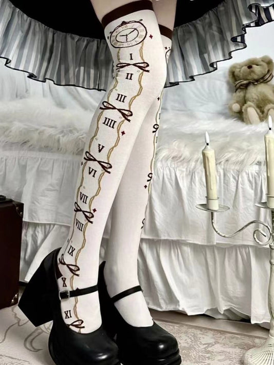 Brown Clock Print Alice In Wonderland Vibes Lolita Over-knee Stockings