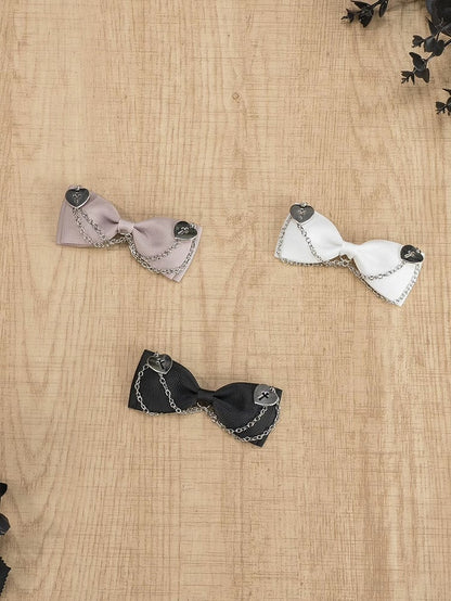Black/Dusty Pink/White Gothic Cross Hearts Jirai Kei Bowknot Hairclips with Chains