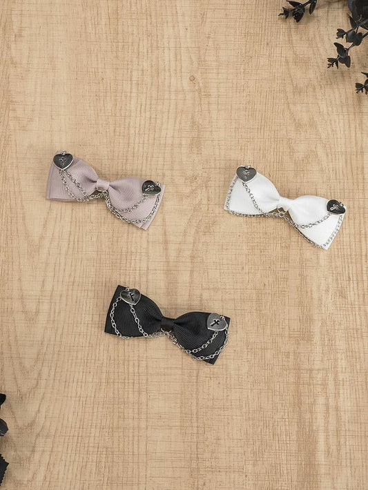 Black/Dusty Pink/White Gothic Cross Hearts Jirai Kei Bowknot Hairclips with Chains