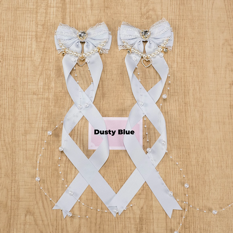 5 Colors Jirai Kei Heart Rhinestone Bow Hairclips with Beaded Chains