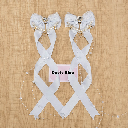 5 Colors Jirai Kei Heart Rhinestone Bow Hairclips with Beaded Chains