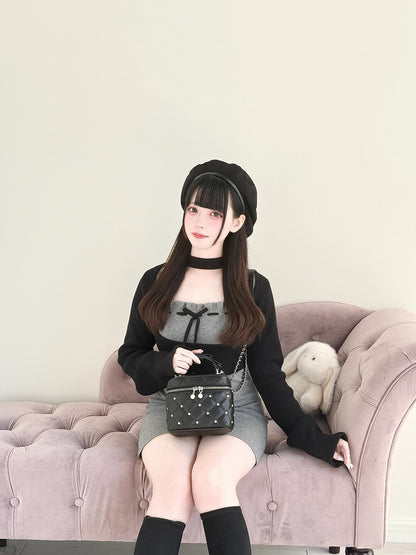 Pink/White/Black Jirai Kei Quilted Crossbody/Handbag with Rhinestone Decor