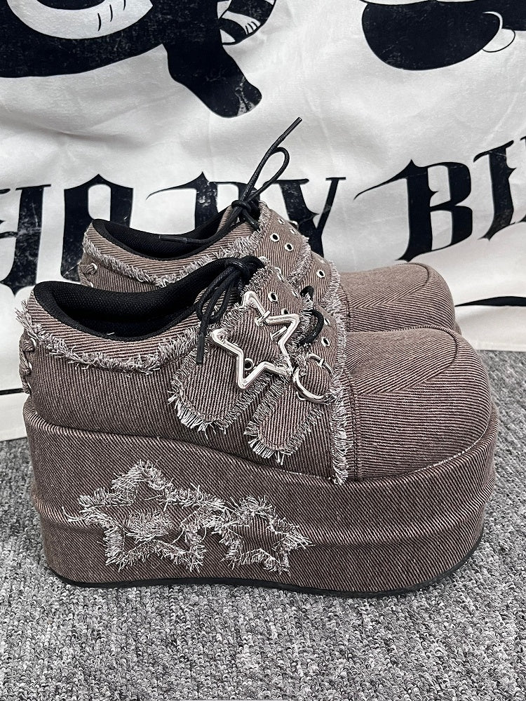 Gyaru Fashion Distressed Stars Brown Denim Platforms
