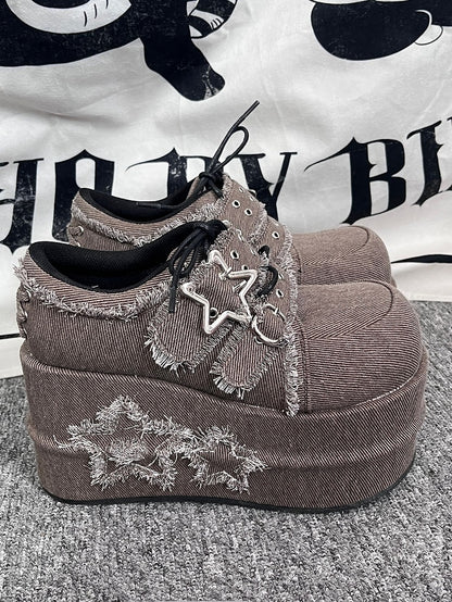 Gyaru Fashion Distressed Stars Brown Denim Platforms