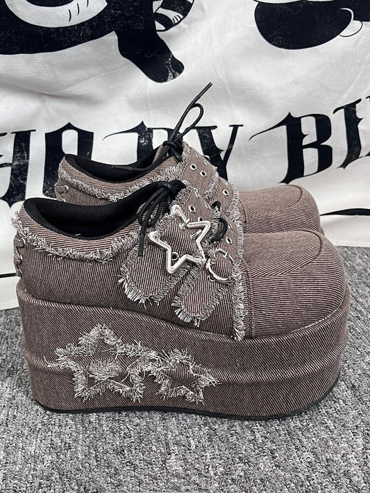 Gyaru Fashion Distressed Stars Brown Denim Platforms