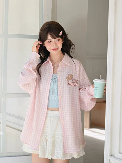 Adorable Bear Embroidery Pink Loose Plaid Shirt