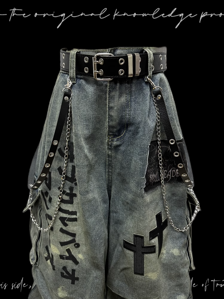 Wasteland Punk Light Blue Cross Appliques Distressed Wide-leg Cargo Jeans