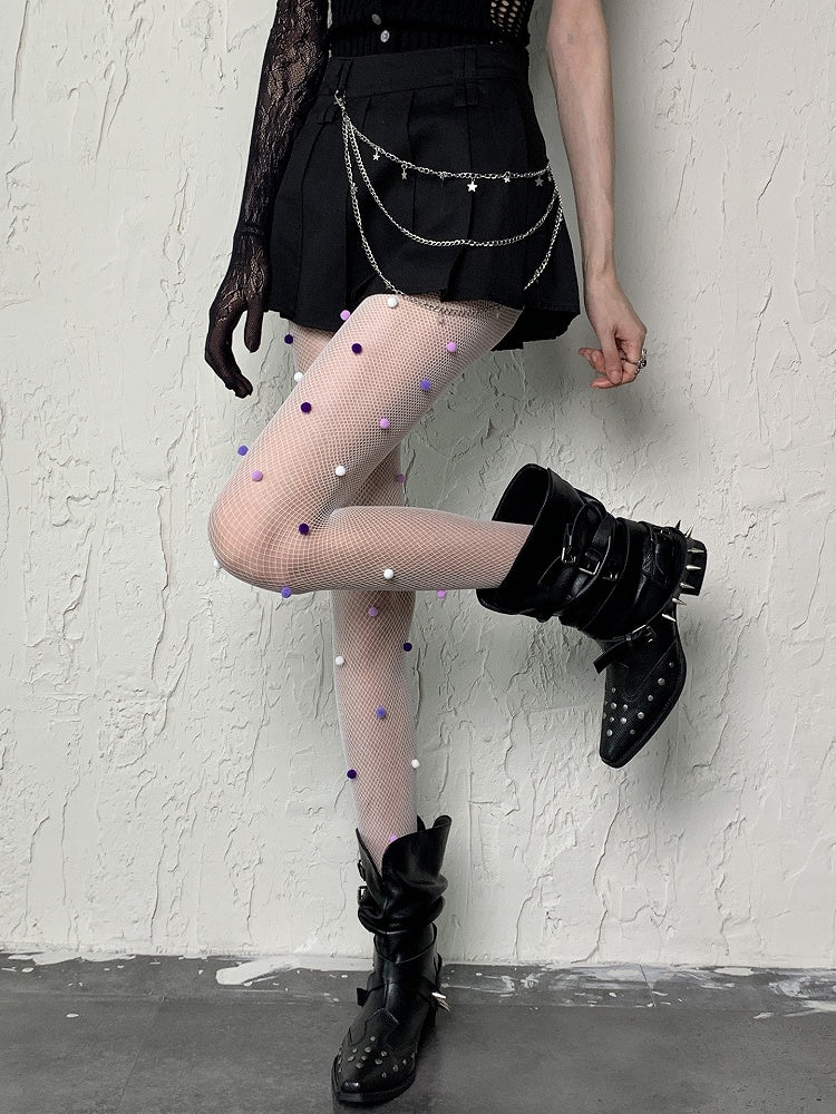 White Y2K Hollow-out Design Fishnet Tights With Pink Purple White Pompons